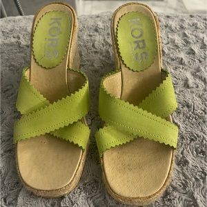 MICHAEL KORS Crisscross braided lime green wedge sandal.